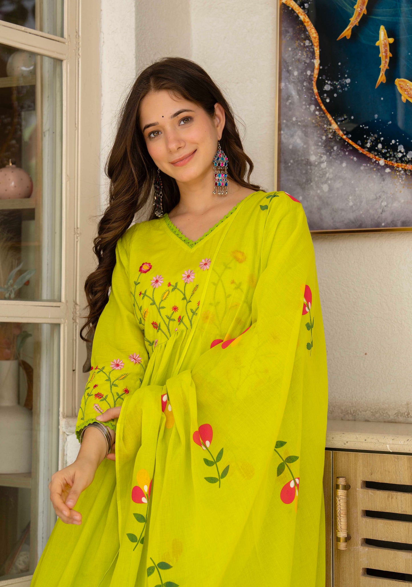 Lime Green Floral Embroidered Anarkali Set