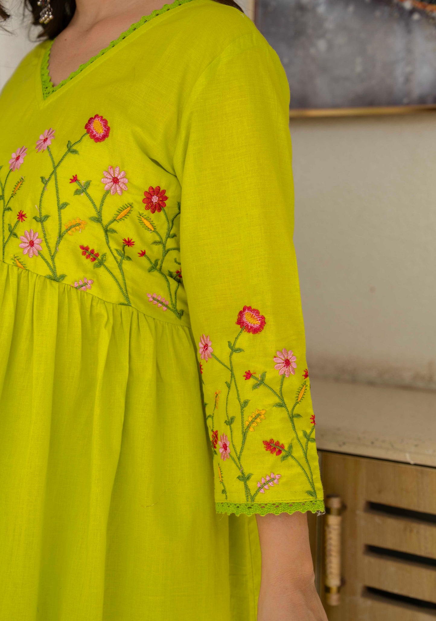 Lime Green Floral Embroidered Anarkali Set
